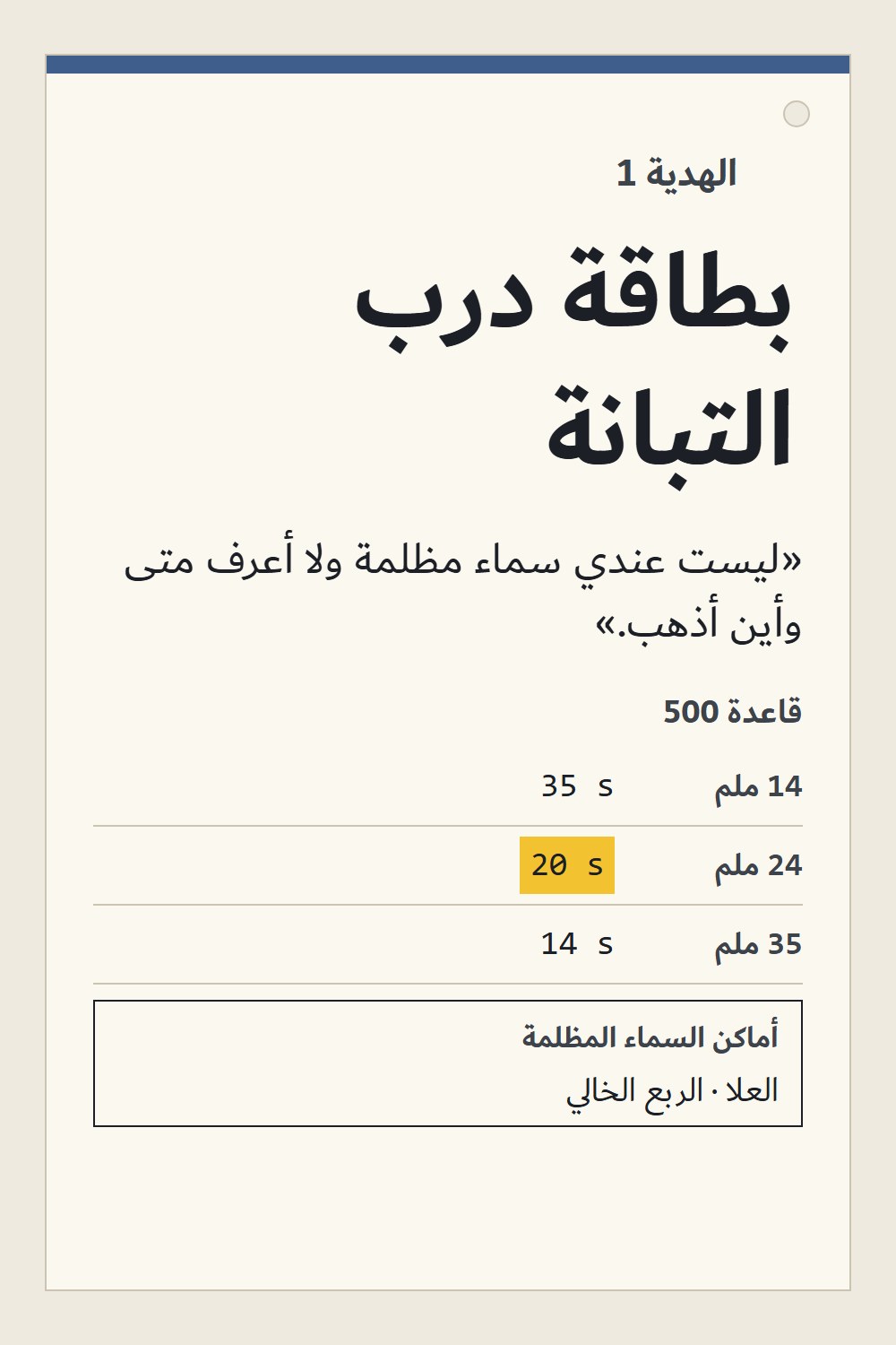 الهدية 1: بطاقة درب التبانة، قاعدة 500 لكل عدسة، وأفضل الليالي لدرب التبانة، وأماكن السماء المظلمة في السعودية