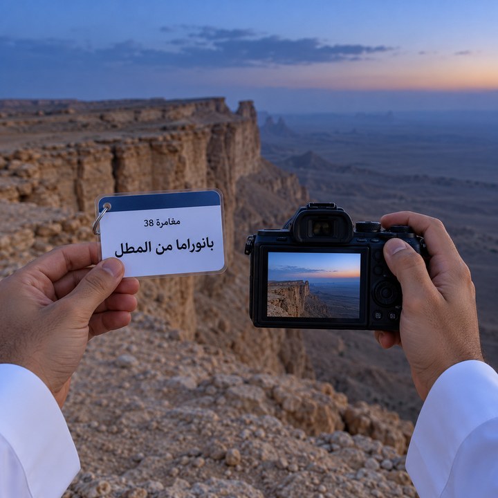 يدان تحملان كاميرا عند حافة العالم بعد الغروب، وفي اليد الأخرى بطاقة المطل
