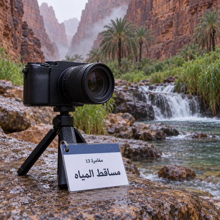 كاميرا على حامل صغير قرب مساقط مياه بعد المطر في وادي ديسة، وبطاقة مساقط المياه مسنودة إلى ساق الحامل