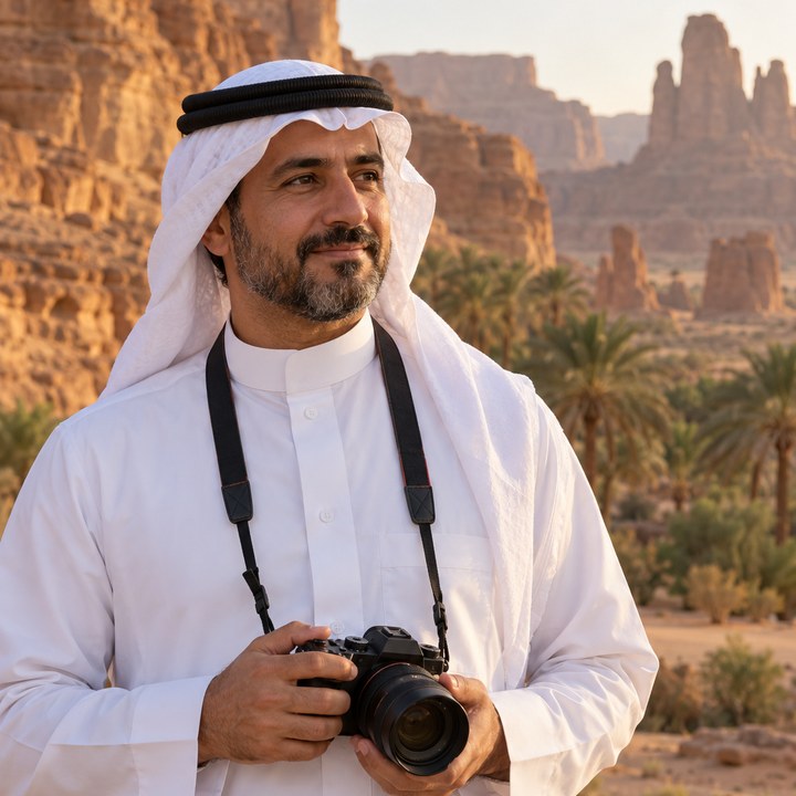 فهد العنزي، مصور مناظر طبيعية، بالثوب الأبيض والغترة ويحمل كاميرته أمام صخور رملية في العلا