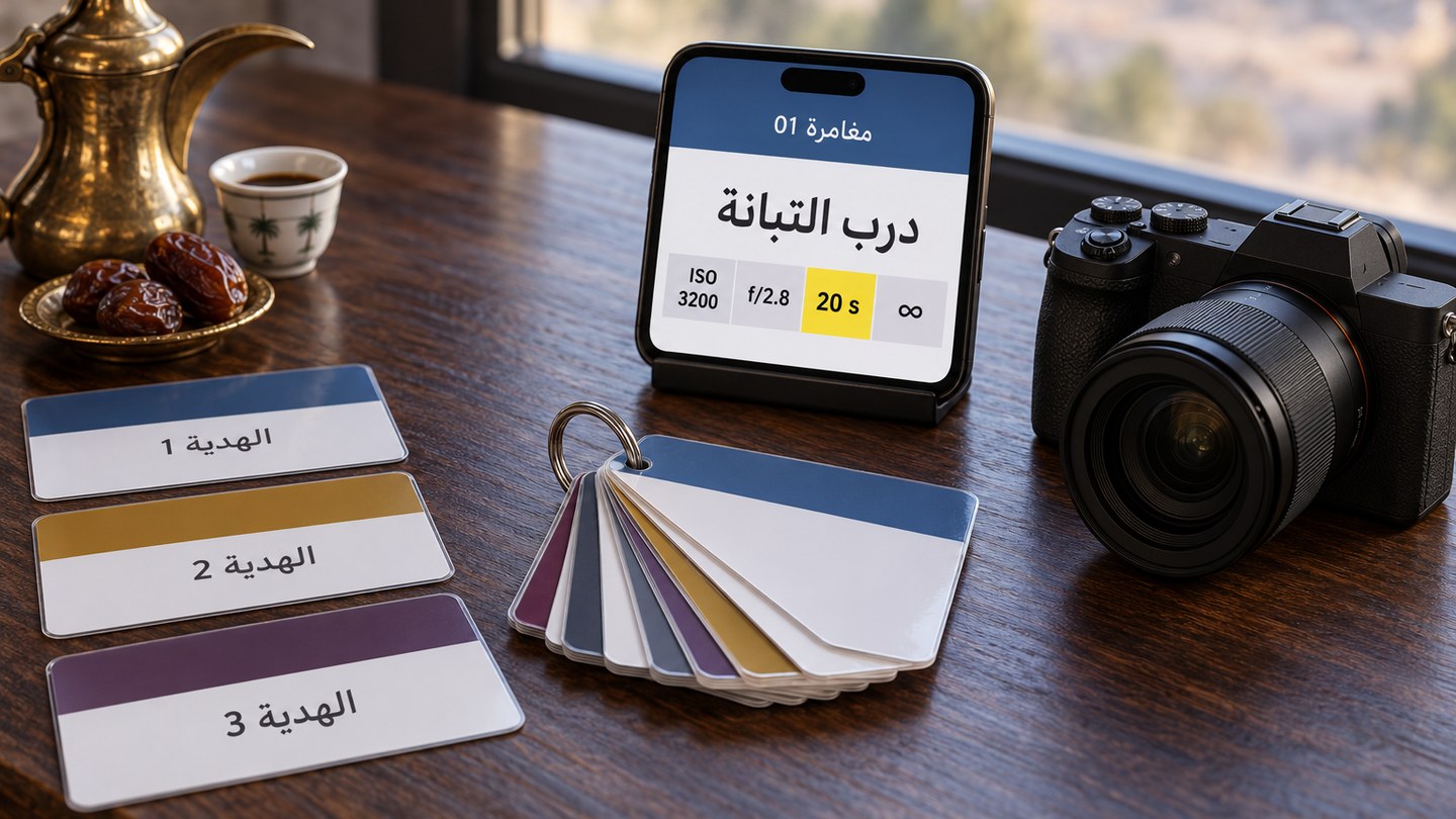 الطقم كاملا على طاولة: هاتف يعرض بطاقة، و129 بطاقة مشهد، وخريطة المشاهد، و3 هدايا بجانب كاميرا