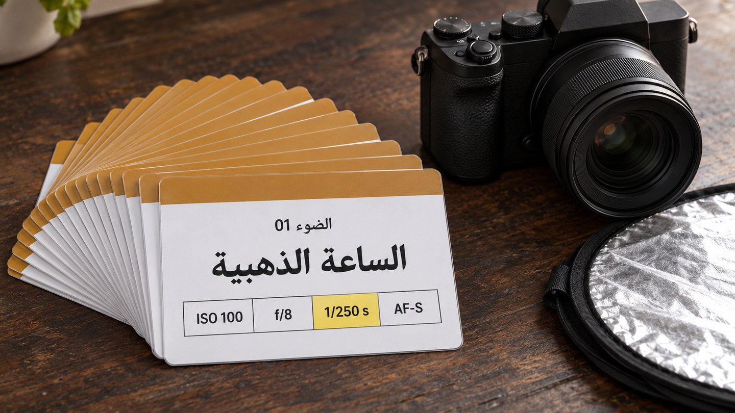 43 بطاقة ضوء: مجموعة بطاقات عن الضوء مفتوحة كمروحة على الطاولة بجانب كاميرا