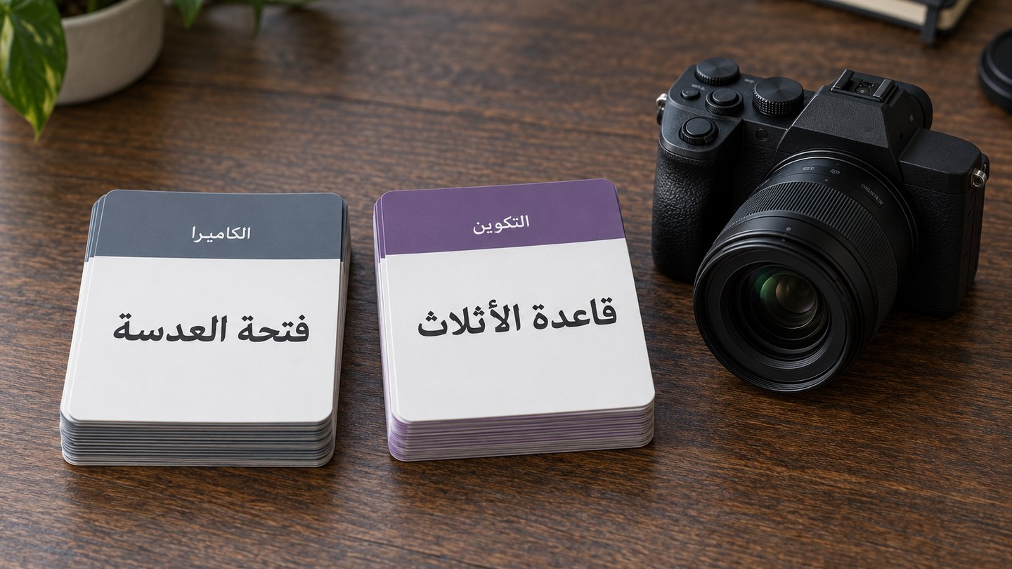 44 بطاقة للكاميرا والتكوين: كومتان من البطاقات عن الكاميرا والتكوين على الطاولة